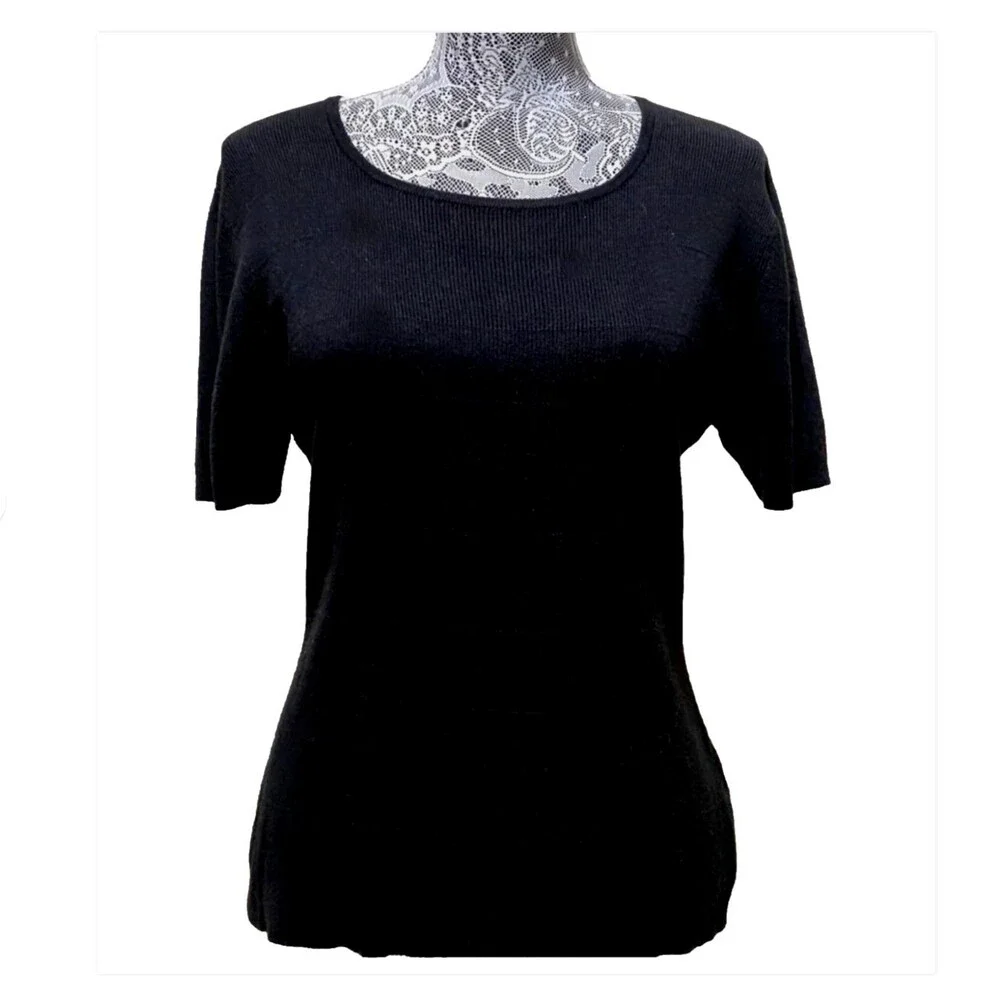 Yarn Works Womens M Black Short Sleeve Knit Textured Stretch Blouse Top Pullover